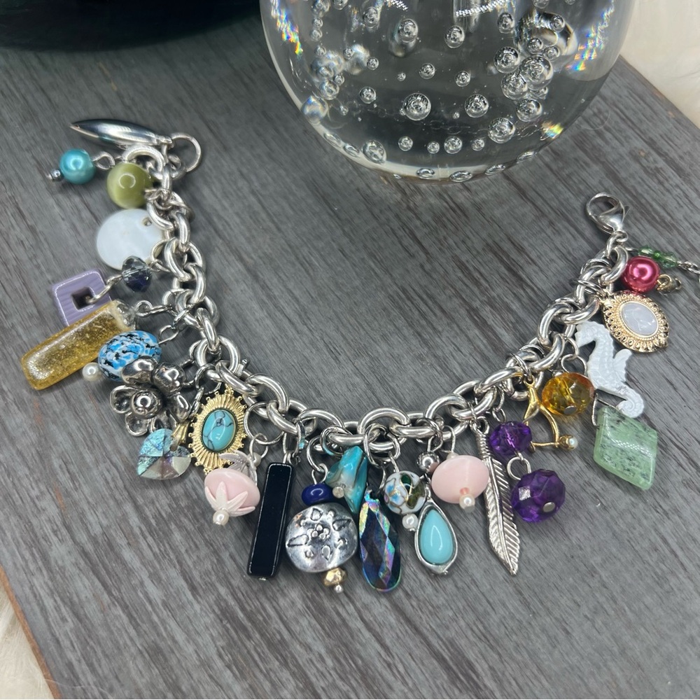Handmade Silver Tone Maximalist Charm Bracelet with Multicolor Beads and Charms
